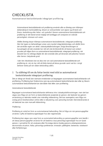 Checklista – automatiserat beslutsfattande inbegripet profilering 2023