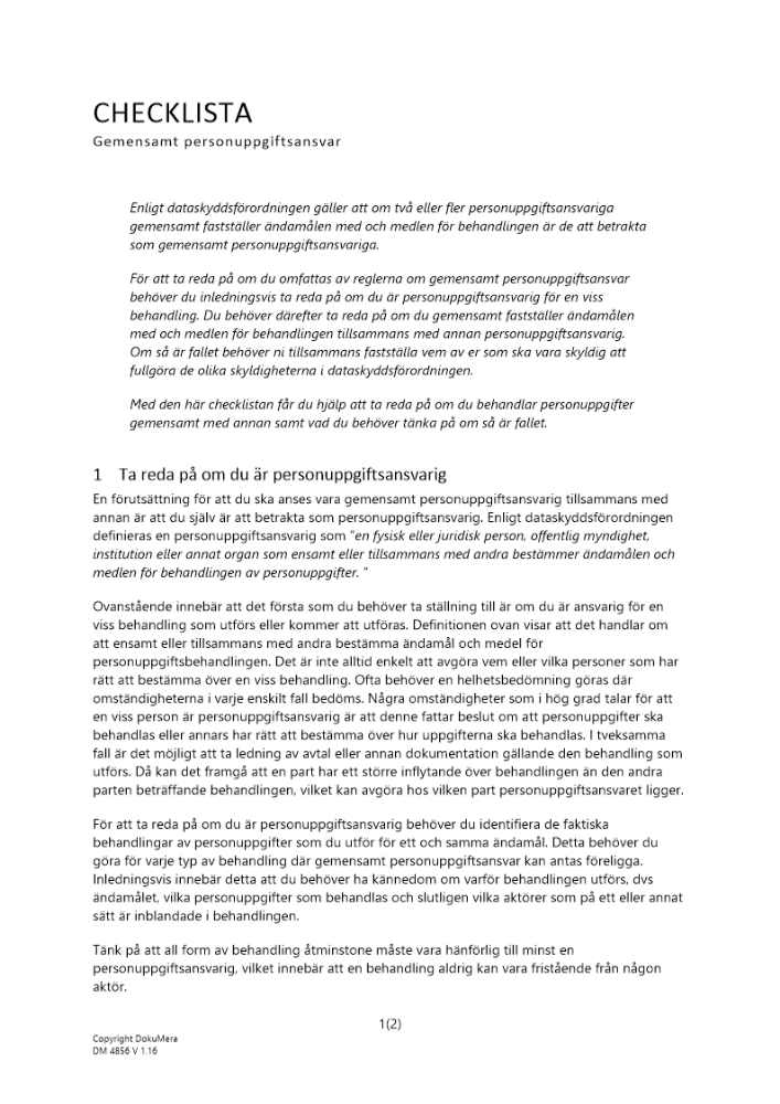 Checklista - gemensamt personuppgiftsansvar 2023