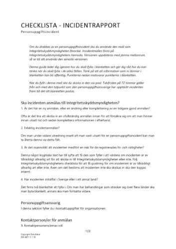 Checklista - Incidentrapport - personuppgiftsincident 2023