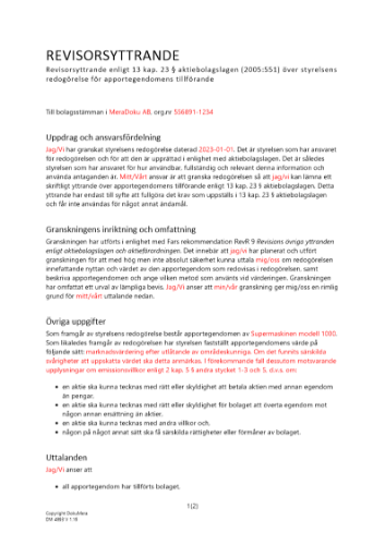 Revisorsyttrande enl 13 kap 23 § ABL (Apportemission) 2023