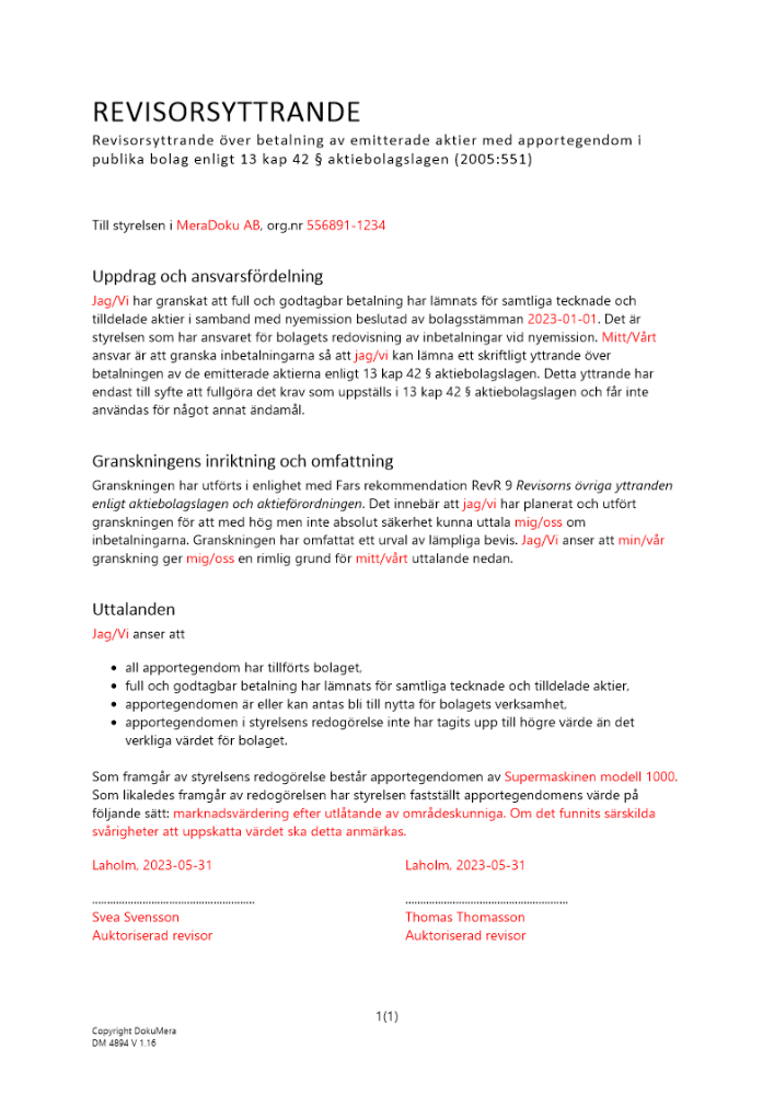 Revisorsyttrande enl 13 kap 42 § ABL (Emission med apportegendom) 2023