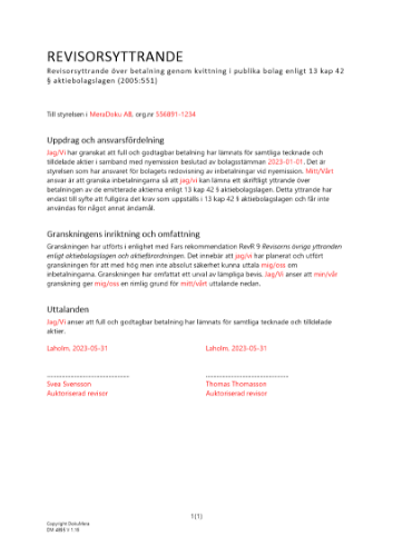 Revisorsyttrande enl 13 kap 42 ABL (Kvittningsemission) 2023