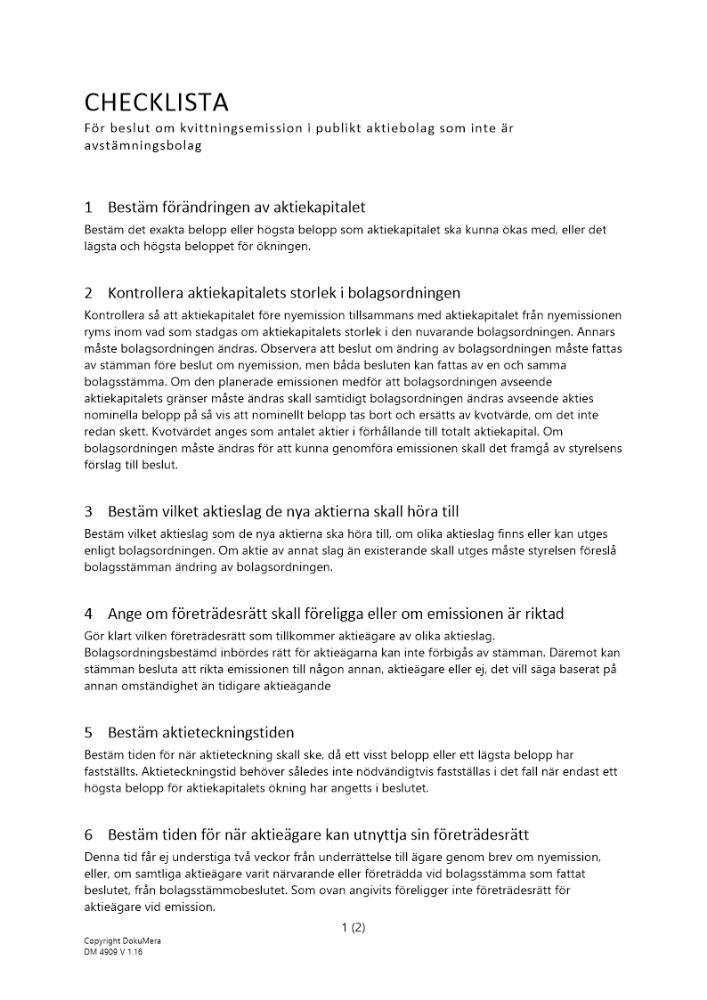 Checklista - Beslut kvittningsemission publikt AB 2023