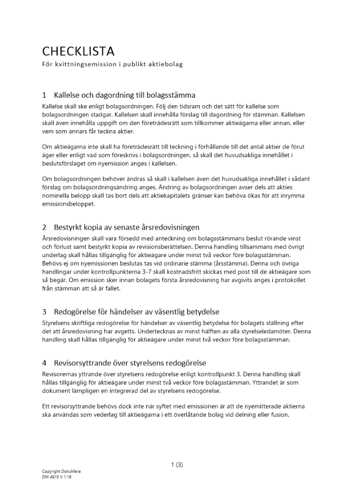 Checklista - Kvittningsemission publikt AB 2023