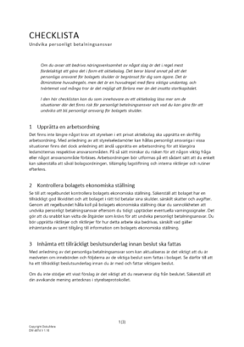 Checklista – Undvika personligt betalningsansvar 2023