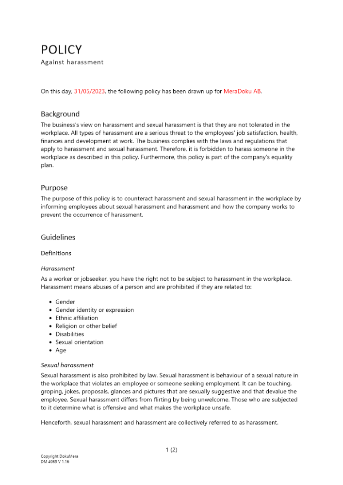 Policy mot trakasserier Engelsk 2023