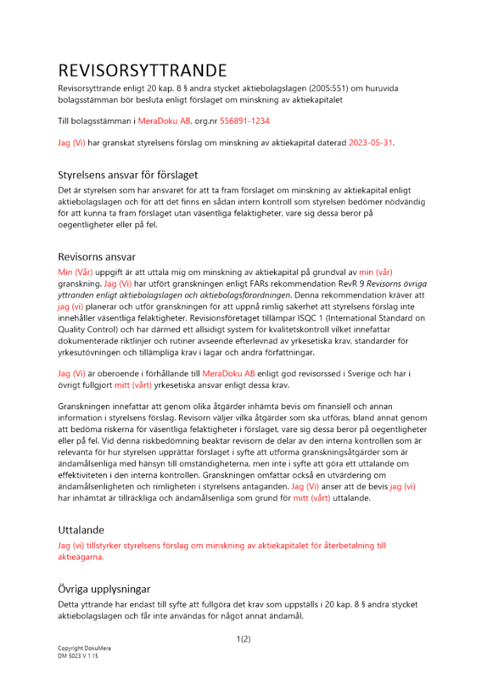 Revisorsyttrande enl 20 kap. 8 § (Minskning - Återbetalning) 2023
