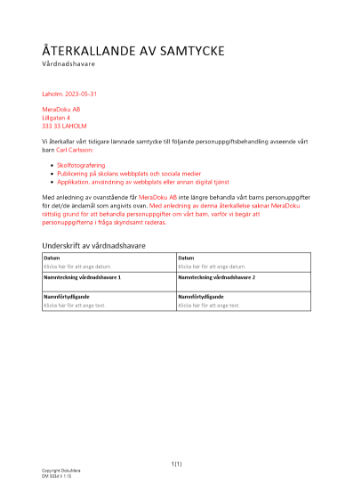Återkallande av samtycke (vårdnadshavare) 2023