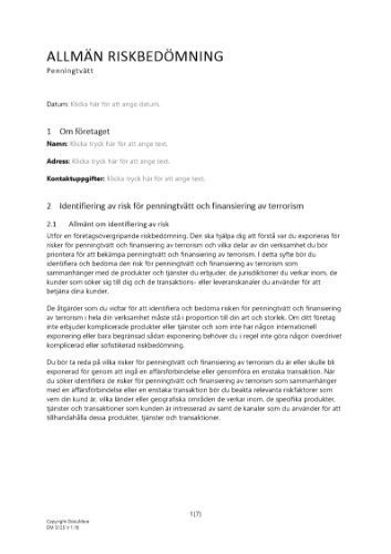 Allmän riskbedömning - penningtvätt 2023