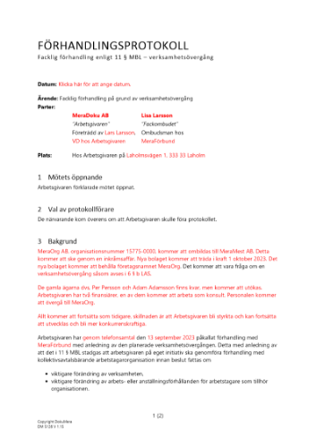 Protokoll - facklig förhandling verksamhetsövergång 2023
