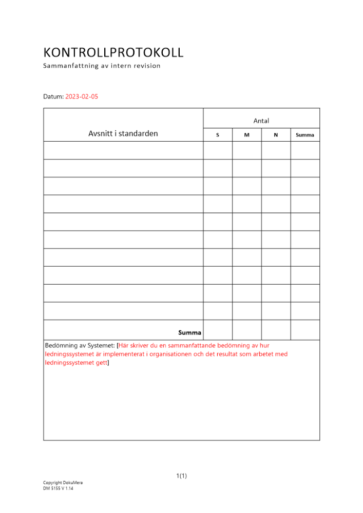 Kontrollprotokoll - sammanfattning av intern revision ISO 9001 och 14001 2023