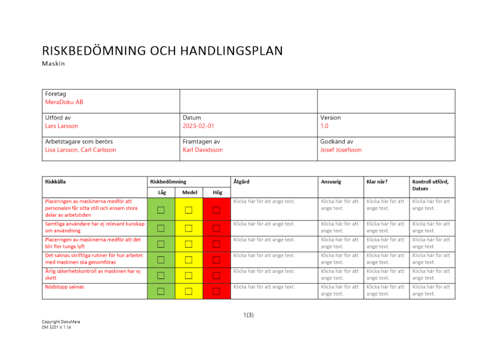 Riskbedömning och handlingsplan - maskin 2023