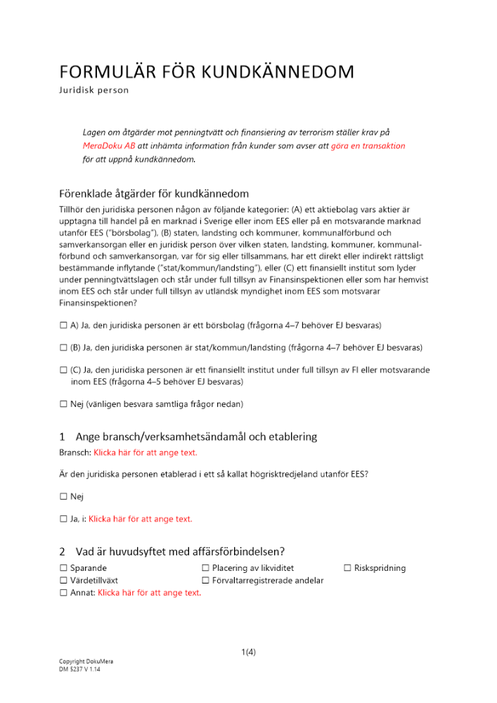 Frågeformulär förenklad kundkännedom - juridisk person 2023