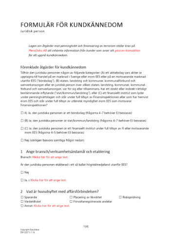 Frågeformulär förenklad kundkännedom - juridisk person 2023