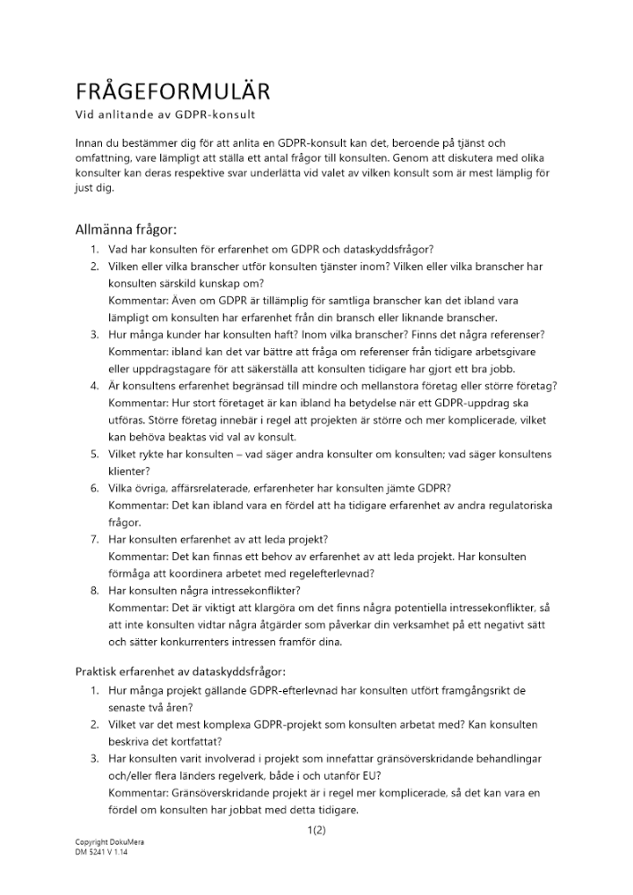 Frågeformulär vid anlitande av GDPR-konsult 2023