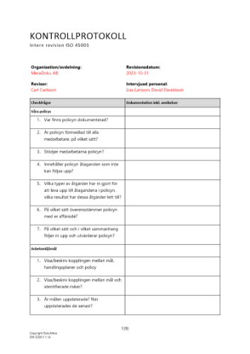Kontrollprotokoll - intern revision ISO 45001 2023