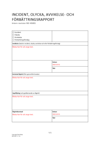 Avvikelse- och förbättringsrapport - Intern revision ISO 45001 2023