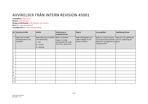 Avvikelser från Intern revision 45001 2023