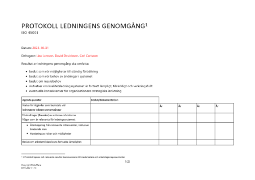 Protokoll ledningens genomgång av ISO 45001 2023
