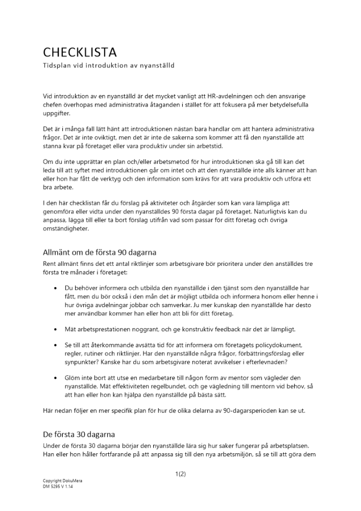Checklista tidsplan vid introduktion av nyanställd 2023