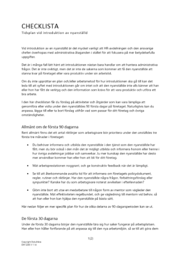 Checklista tidsplan vid introduktion av nyanställd 2023