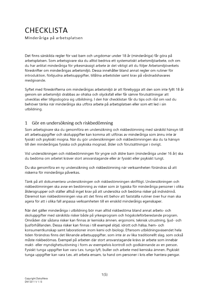 Checklista minderåriga på arbetsplatsen 2023