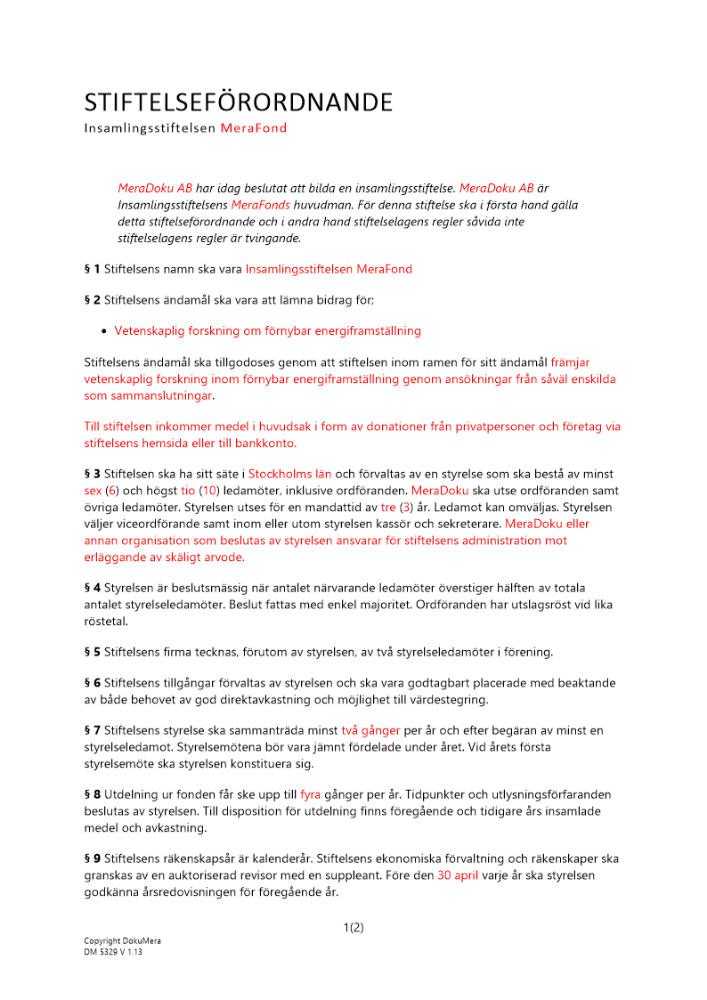 Stiftelseurkund (stiftelseförordnande) samt stadgar 2023
