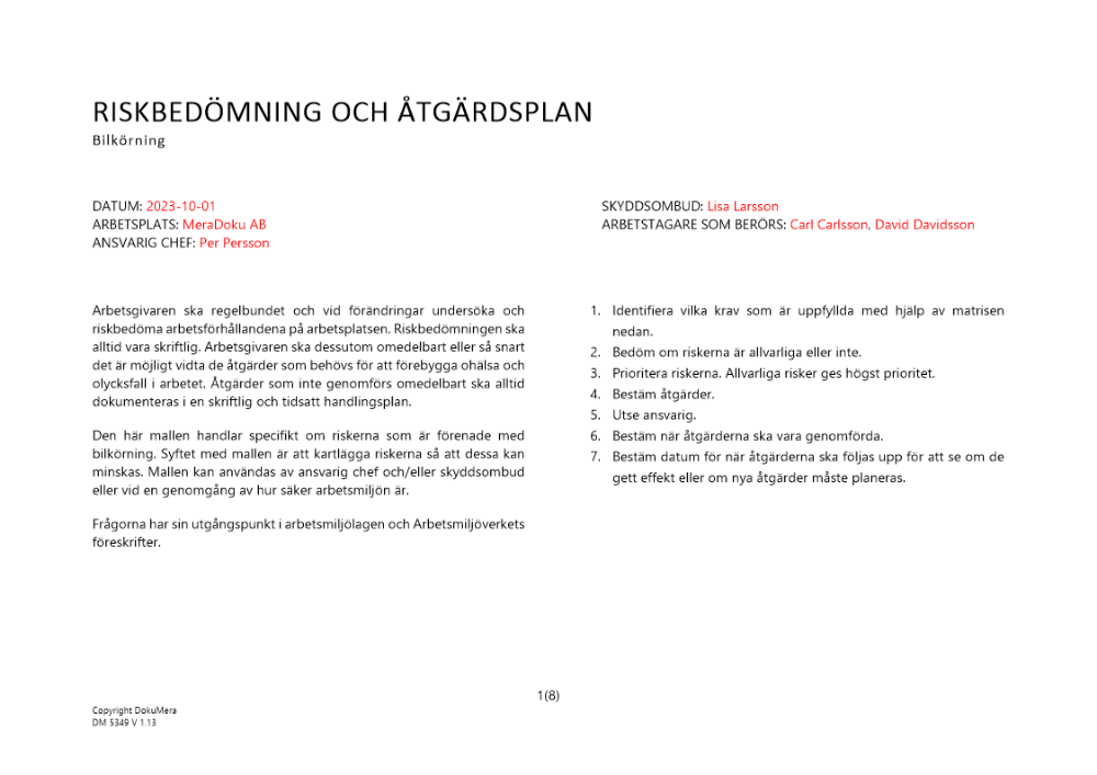 Riskbedömning och åtgärdsplan - bilkörning 2023