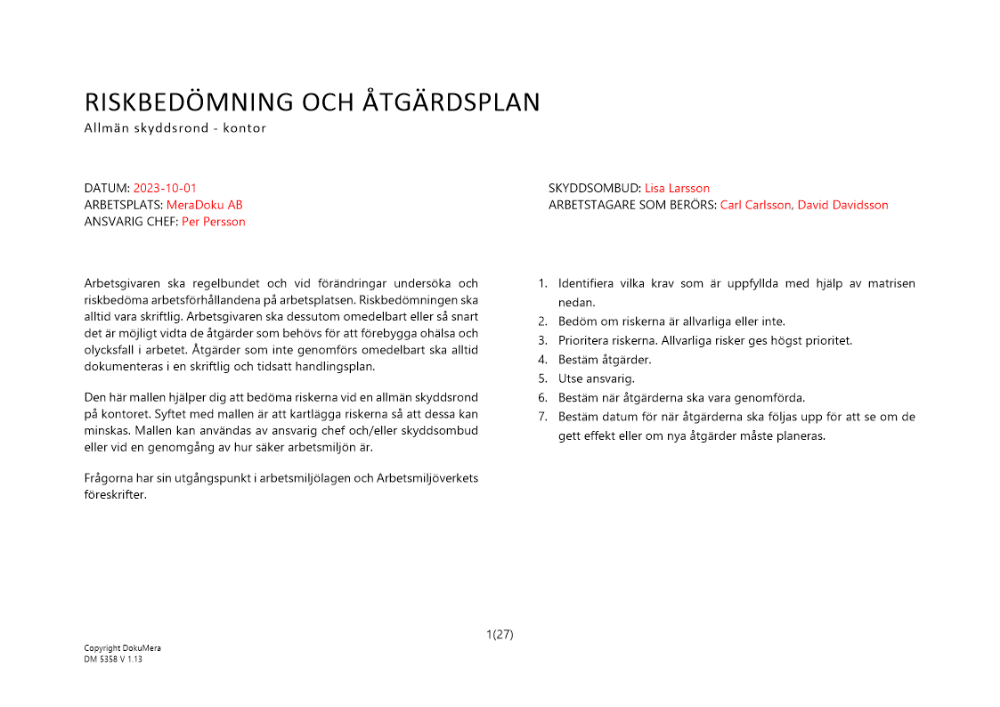 Riskbedömning och åtgärdsplan - allmän skyddsrond kontor 2023