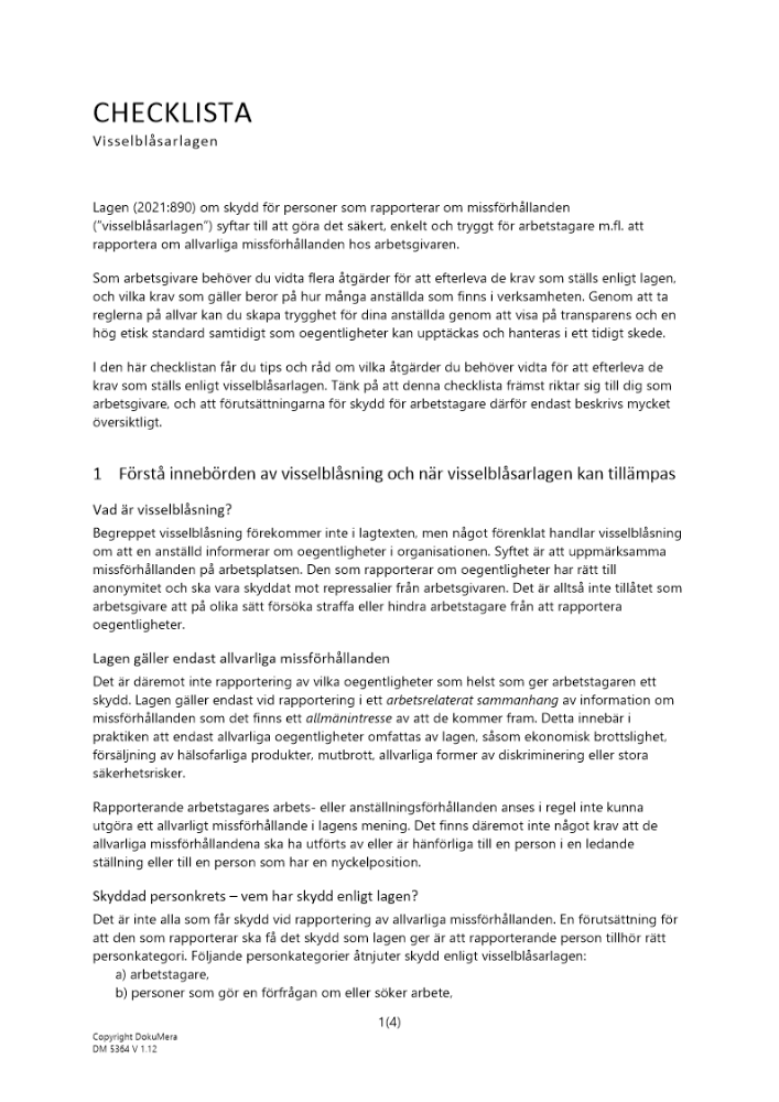 Checklista - arbetsgivares ansvar enligt visselblåsarlagen 2023