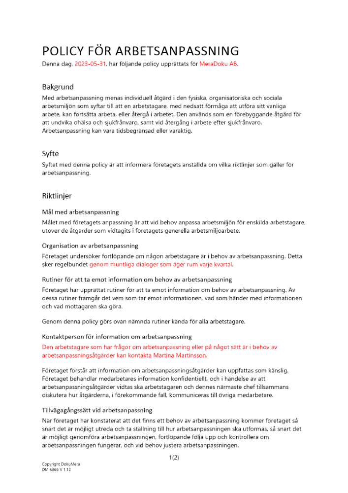 Policy för arbetsanpassning 2023