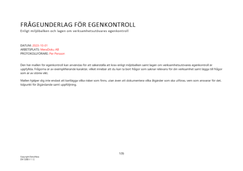 Frågeunderlag för egenkontroll enligt miljöbalken 2023