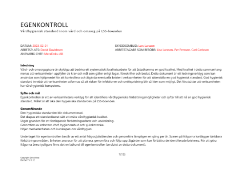 Egenkontroll - vårdhygienisk standard 2023