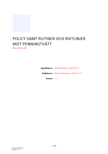 Policy samt rutiner och riktlinjer mot penningtvätt Engelsk 2023